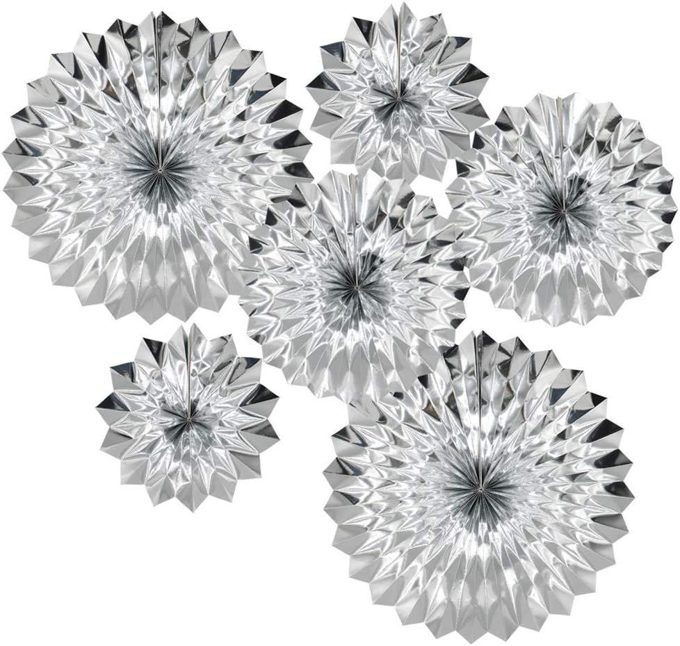Hanging Paper Fans Party Set, Silver Round Pattern Paper Garlands Decoration for Birthday Baby Shower Graduation Retirement, Set of 6