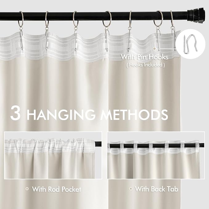 MIULEE Ivory Back Tab Blackout Curtains 52x102 Inch Long 2 Panels Set | Rod - Image 3