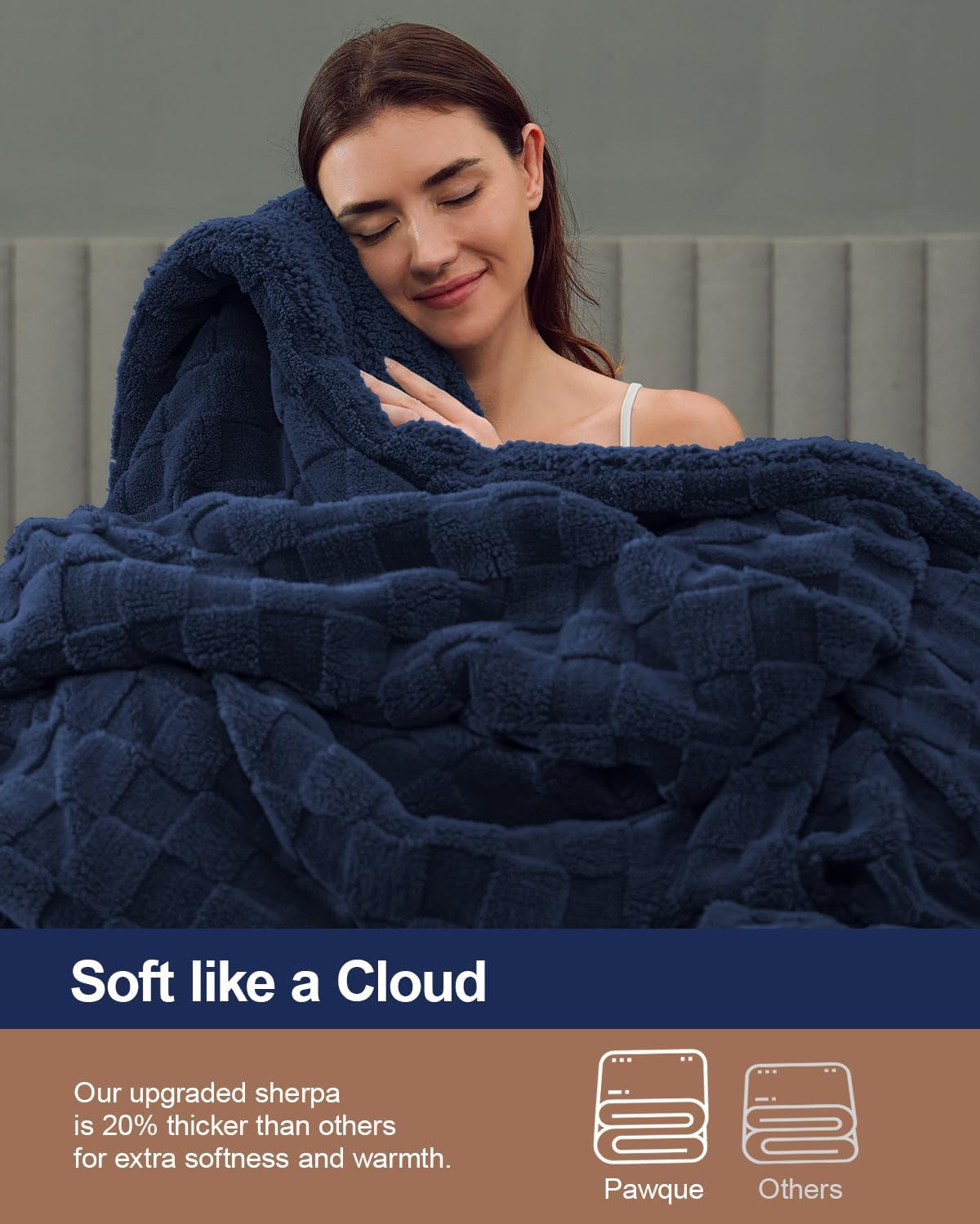 Pawque Super Soft Cozy Throw Blanket King Size for Couch Bed, Fluffy Sherpa Fleece Reversible Thick Warm Fuzzy Blanket for All-Season, 3D Checkered Jacquard Decorative Blankets, Navy Blue, 108"x90"