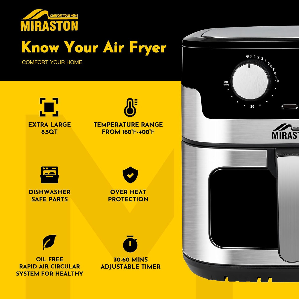 8.5QT Air Fryer, Upgraded Family Size Capacity, Visual Window, Square Basket Dials Stainless Steel Air Fryers, Reheat Leftovers, Easy Cooking for Healthier Breakfast & Dinner in Minutes