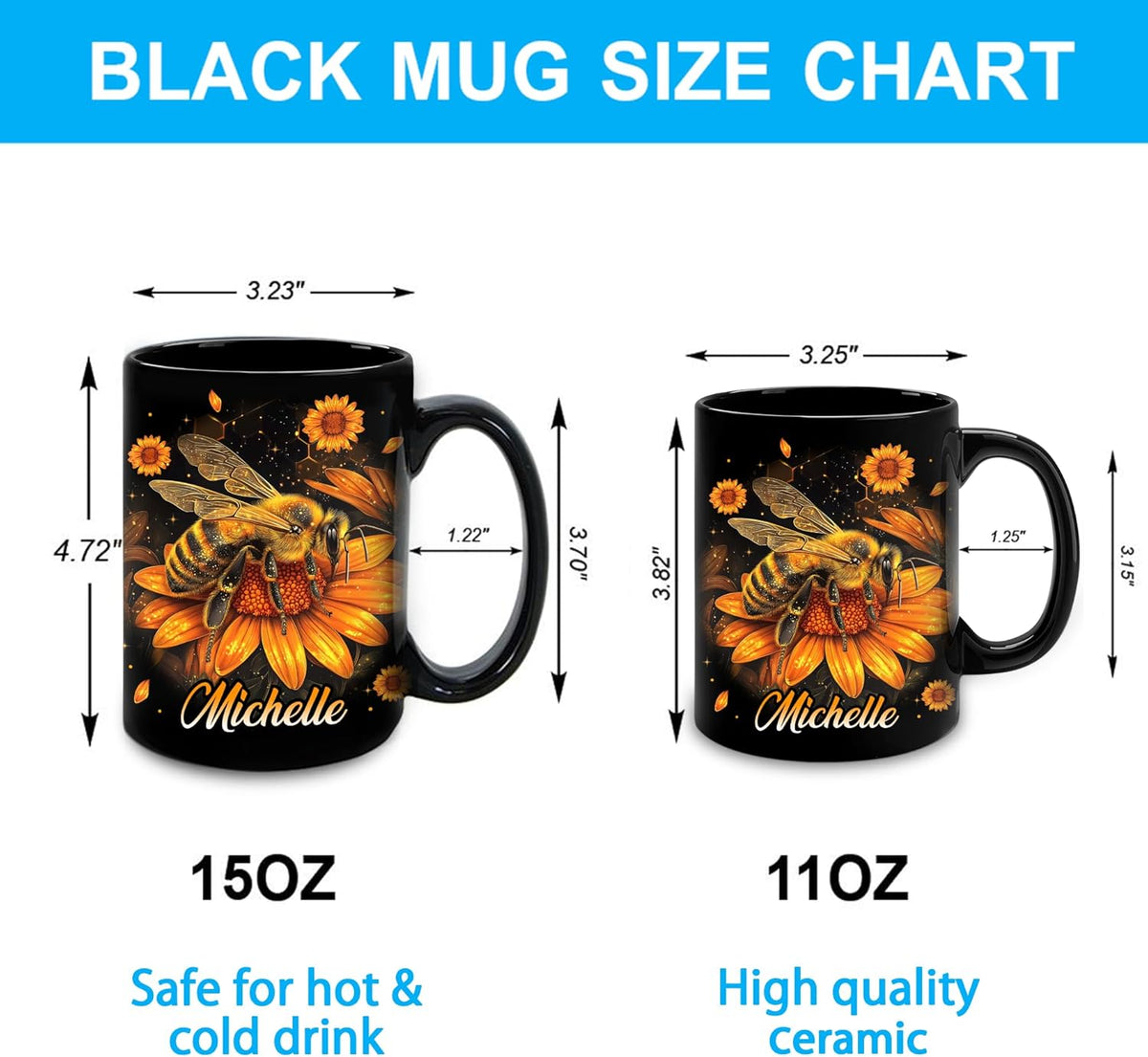 Hyturtle Personalized Sunflower Bee Mug - Bee Keeper Gifts For Women Lovers Teacher - Honey Gifts For Beekeeper Farmer On Birthday - Queen Honeycomb Decor - Custom Coffee Cup Ceramic Mug 11 Oz 15 Oz