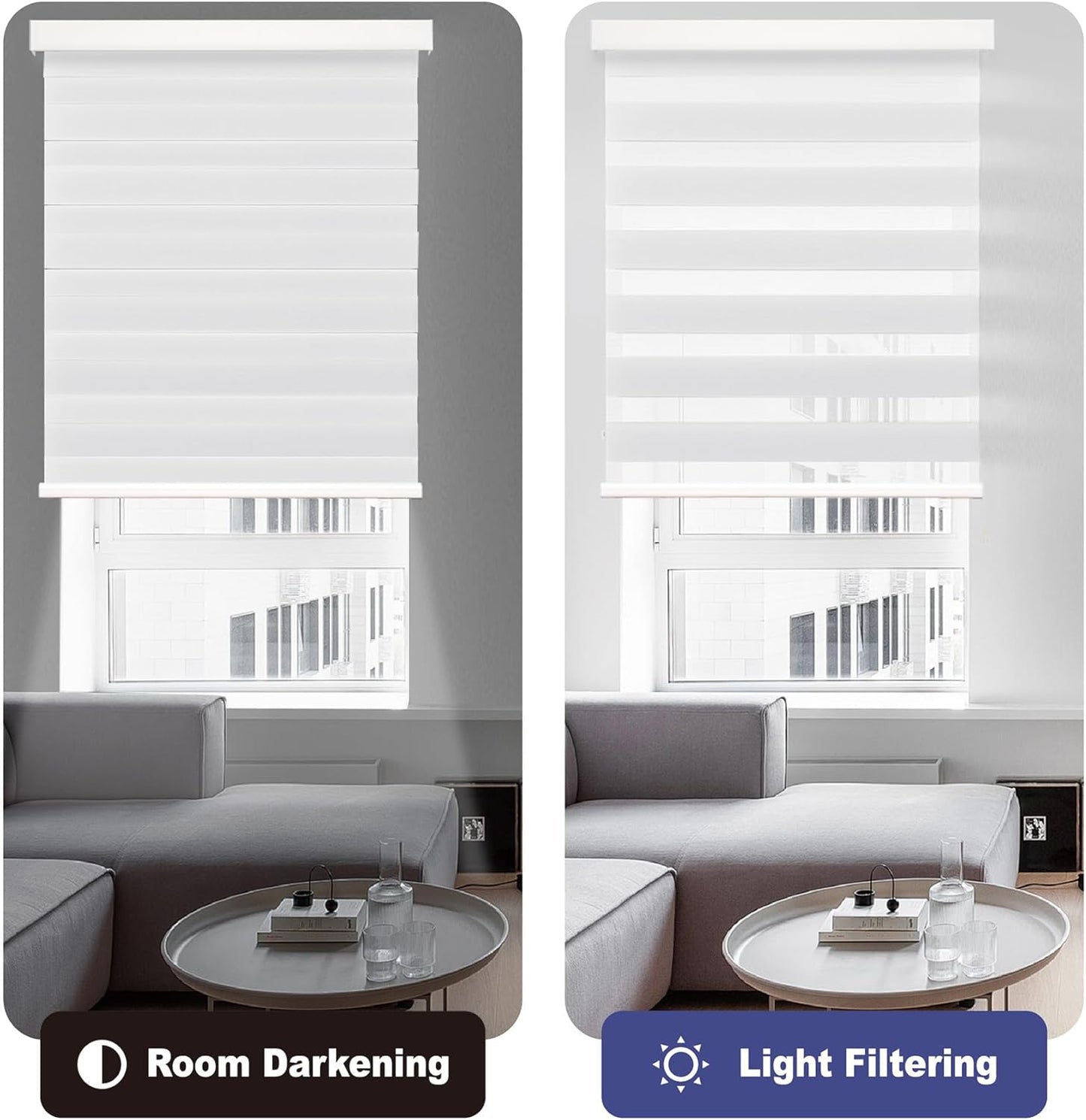 HESTIA Cordless Zebra Blinds Light Filtering Roller Shades Blackout Indoor Window Blind for Home Office,White,27" W x 54" H