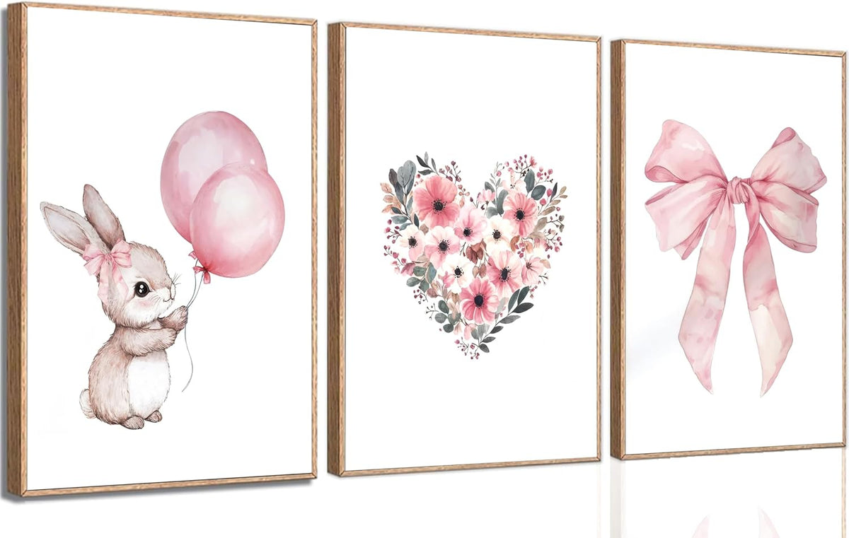 3Pcs Cute Bunny Canvas Wall Art Pink Bow Easter Poster Prints Love Wildflowers Picture Decoration for Nursery Girl Bedroom Children's Room Easter Gifts for Kids Unframed
