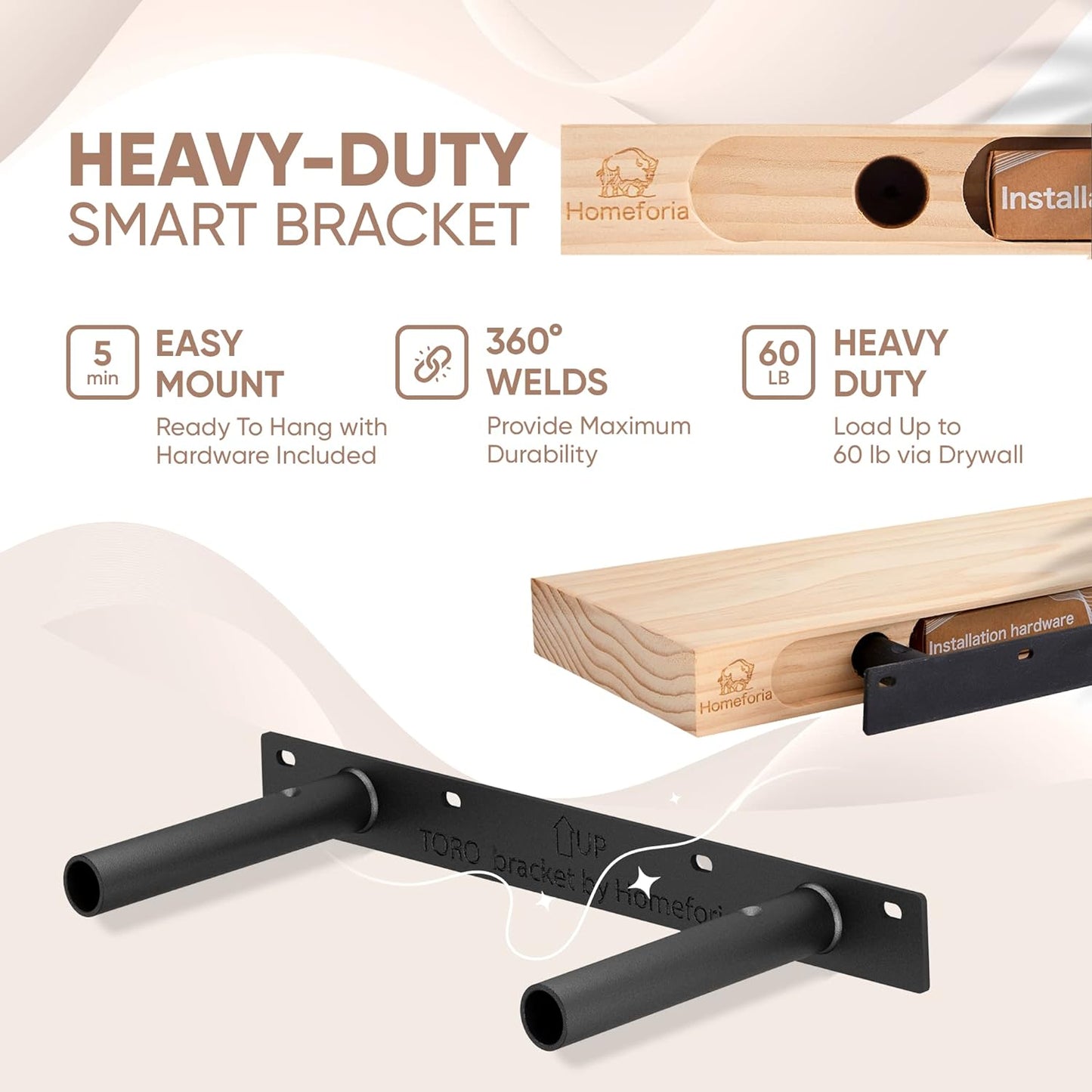Homeforia 12 inch Natural Floating Shelf, High End Solid Real Wood 12inch Small Floating Shelves for Wall Mounted, Natural Wooden Floating Shelves, Heavy Duty Bracket, 12 X 6.5 X 1.75 in, Set of 2