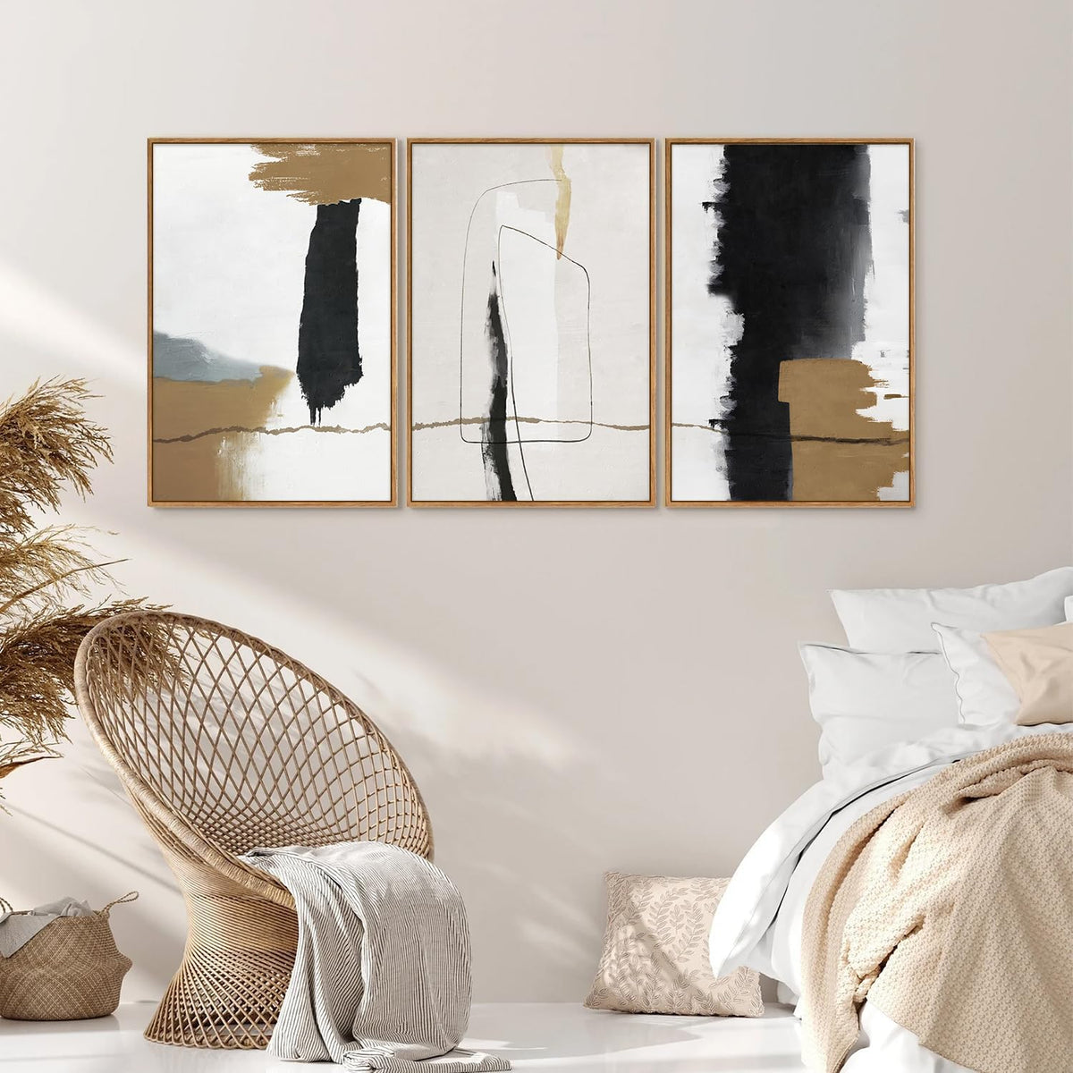 SIGNINART Black and White Abstract Framed Canvas Wall Art Set of 3, Beige Neutral Art Prints, Minimalist Modern Wall Decor for Living Room, Bedroom, Office,Above Couch 16"x24"x3