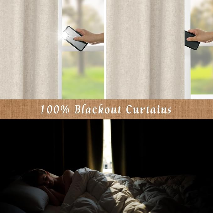 Oatmeal 100% Blackout Linen Curtains 63 Inch Length 2 Panels | Linen Textured - Image 4