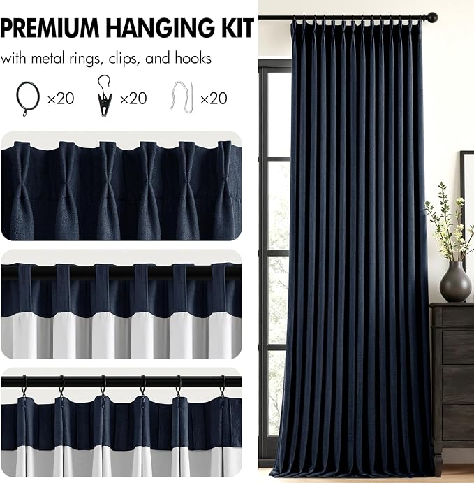 MIULEE Navy Blue Pinch Pleated 100% Blackout Linen Curtains 40x84 Inches | Room - Image 8
