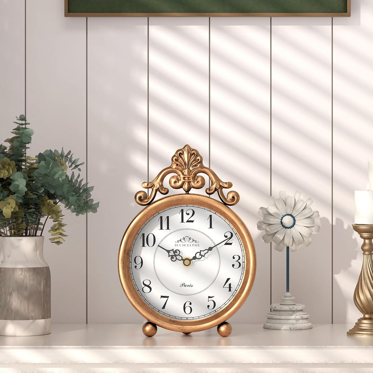 Vintage Gold Table Clock, Desk and Shelf Mantel Clock, French Rustic Antique Style Decor Clocks, for Farmhouse, Bedroom, Living Room, Bedside, Gift (9" H x 6.3" W)