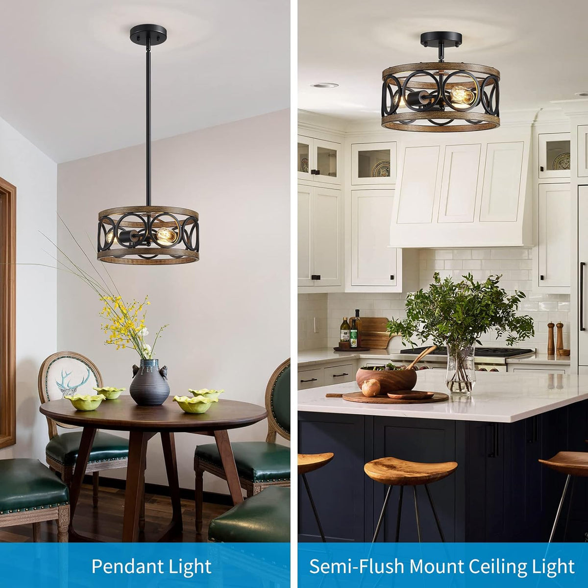 XINGQI Black Ceiling Light Adjustable Height Chandelier Modern Farmhouse Pendant Lighting Fixture Wood Grain Metal 13" Rustic Round Lights for Dining Room Kitchen Bedroom Entryway