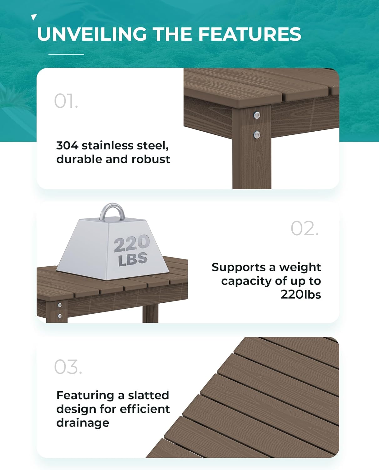 SERWALL HDPE Patio Coffee Table, Rectangle Outdoor Coffee Table, All Weather Patio Table for Deck, Pool, Balcony, Indoor or Outdoor Use, Coffee