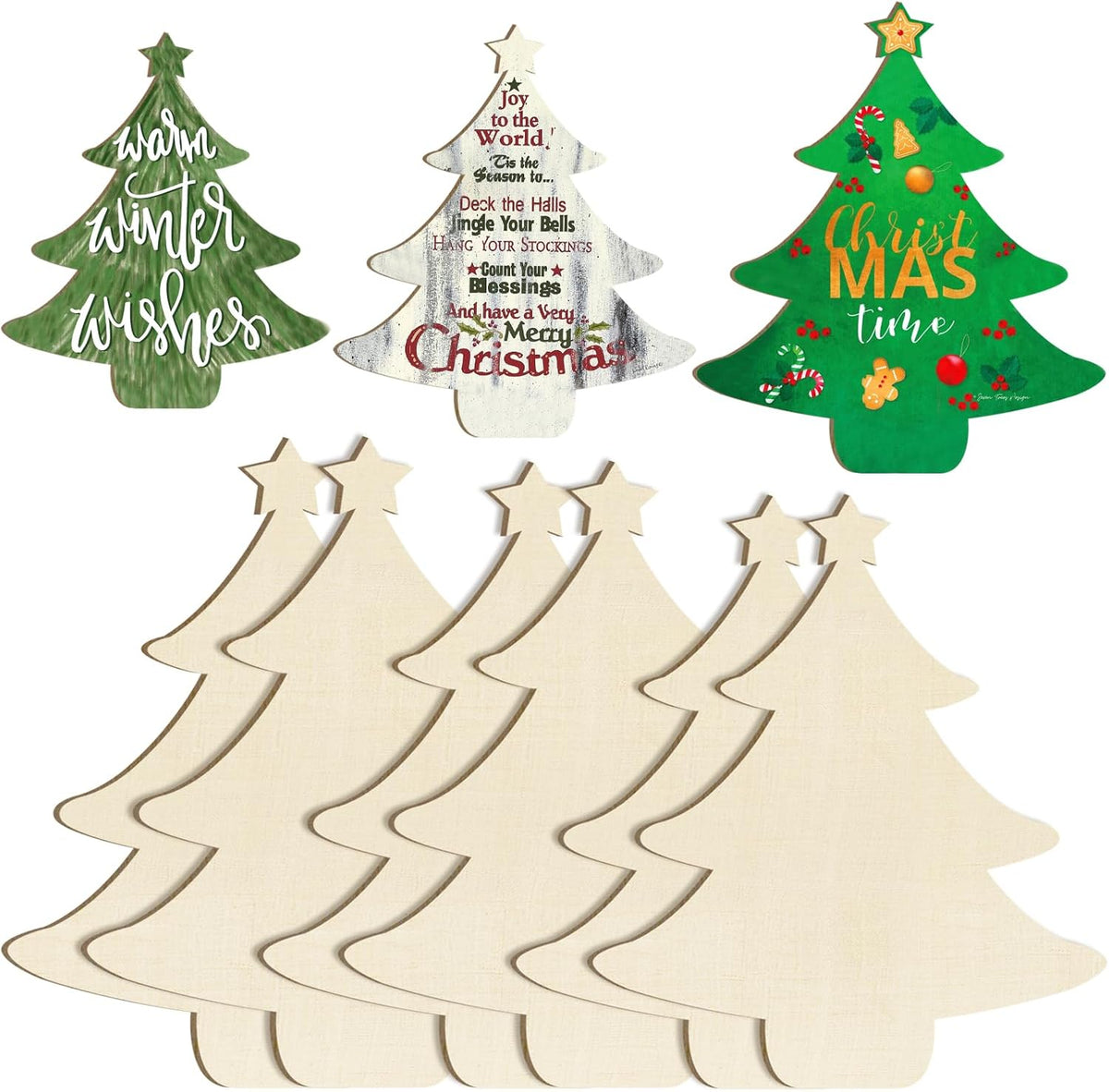 Wooden Christmastree Ornaments for Paint Christmas Decorations Cutouts Unfinished 6Pack, Wood Christmastree for Crafts DIY Blank Cutouts Ornament Winter New Year Decorations 3 Size