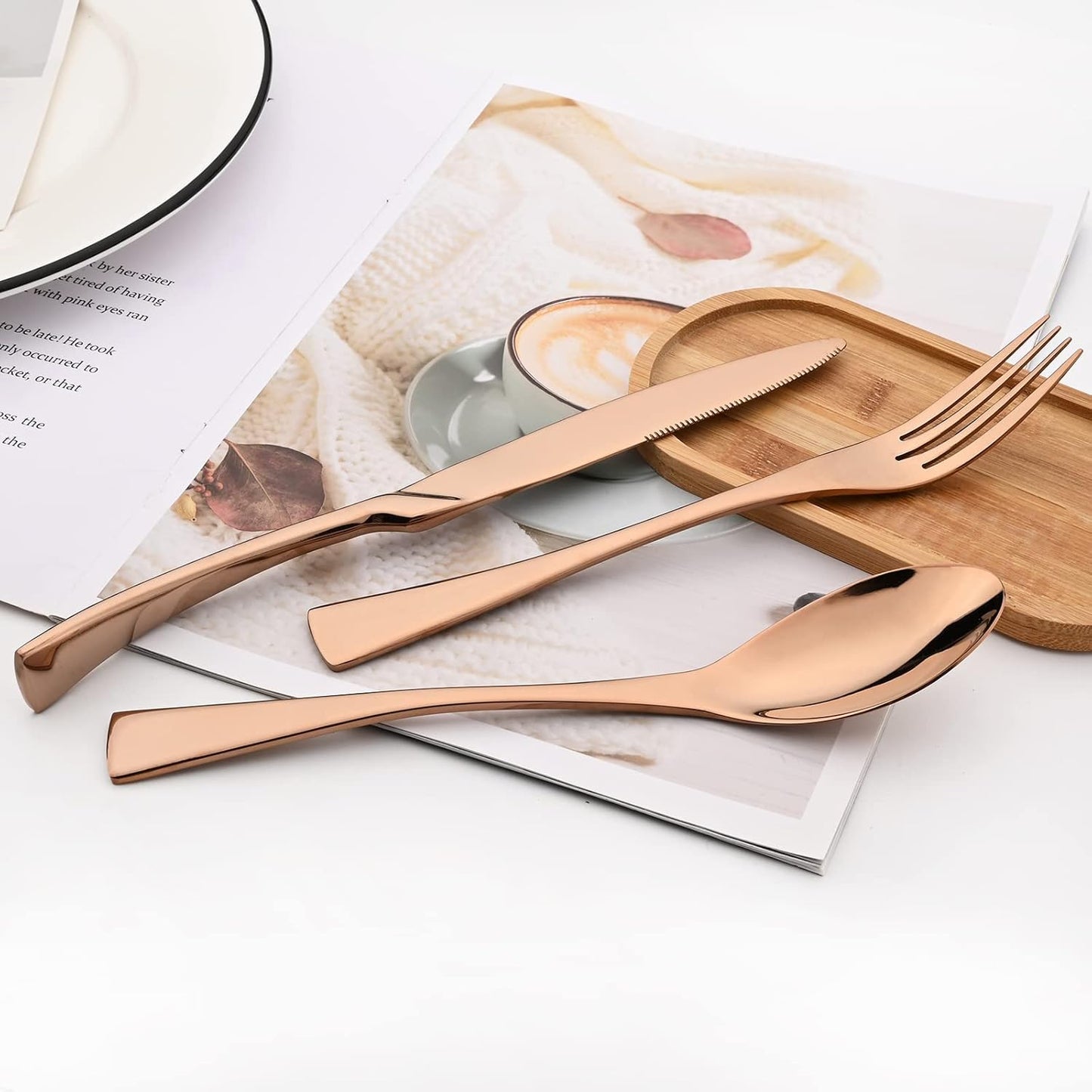 24-Piece Copper Flatware, Mirror 18/10 Stainless Steel Modern & Luxury Dinnerware Set With Serrated Steak Knife Teaspoon For Daily Use or Dinner Party Restaurant - Service For 4