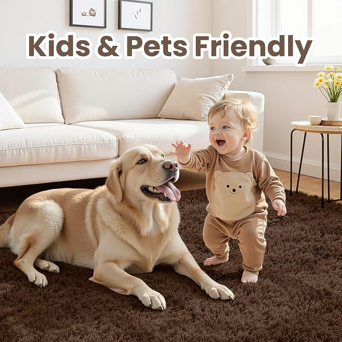 5x7 Fluffy Shag Area Rugs for Living Room Bedroom: Soft Plush Carpet Brown | - Image 3