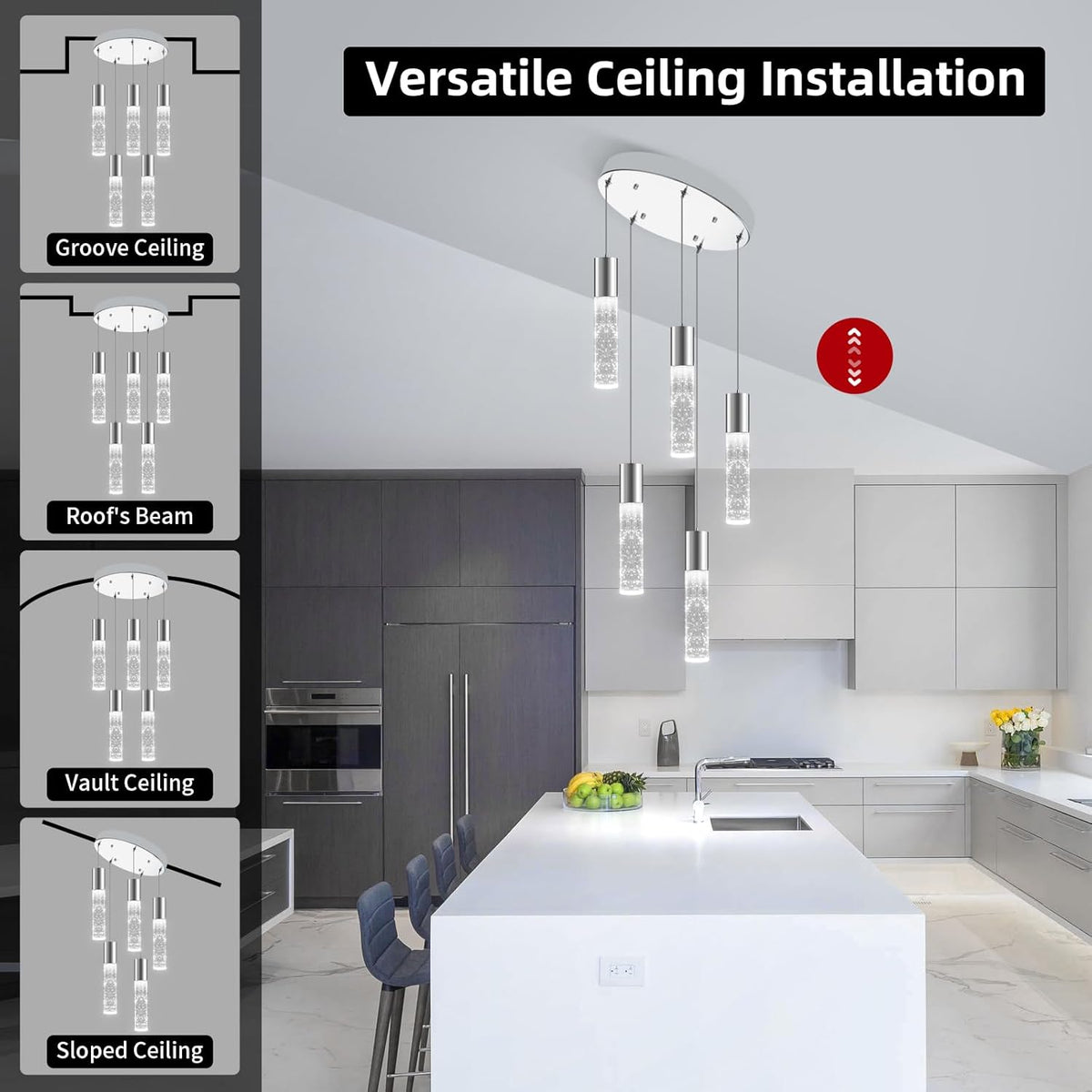 OKELI 5-Light Pendants Light for Kitchen Island Dining Room, 6000K Bubble Crystal Modern LED Kitchen Hanging Lights, 30W Chrome Pendant Lighting Fixture, Round