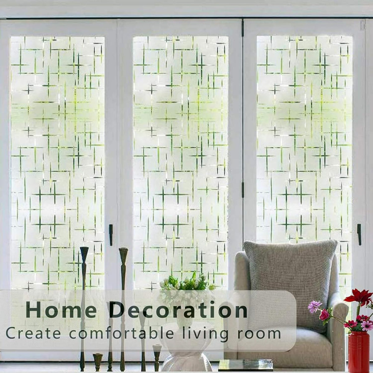 Finnez Frosted Window Film Non-Adhesive, Frosting Privacy Film for Glass Windows, Self Static-Cling Decorative Window Cling for Home Office UV Protection Cross Pattern 17.5 x 118.1 inches