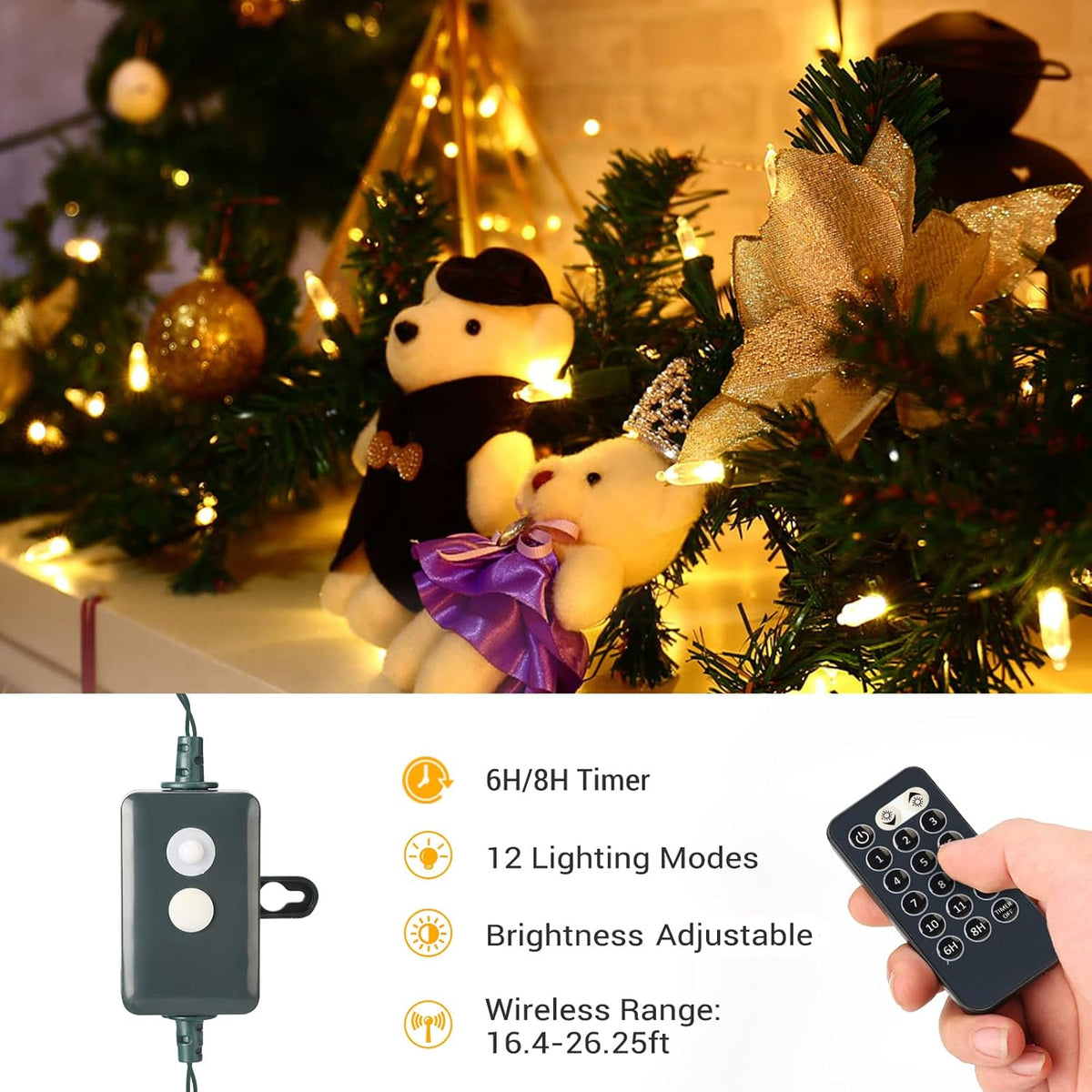 Brizled Color Changing Christmas Lights, 33ft 100 LED Connectable, 12 Modes Warm White & Multicolored Xmas Tree Lights with Remote, Dimmable for Indoor/Outdoor Decor