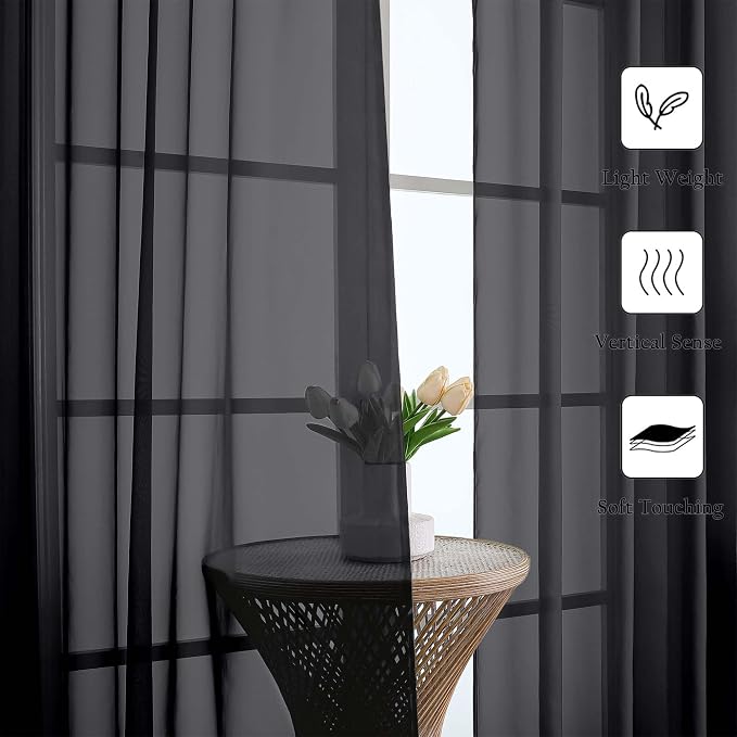 Black Sheer Curtains 96 Inches Long 2 Panels, Solid Airy Voile Dual Rod Pocket - Image 3