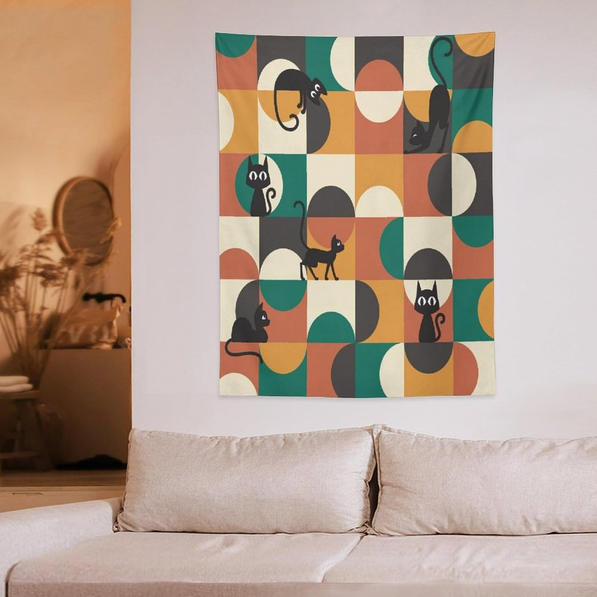ICMOLYYENLO Boho Medieval Cat Tapestry, Abstract Atomic Starburst Geometric Aesthetic Art Wall Hanging For Bedroom Living Room Dormitory 60x60 Inches