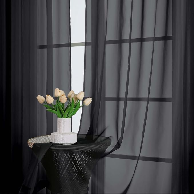Black Sheer Curtains 63 Inch Length 2 Panels, Voile Light Filtering Living Room - Image 8