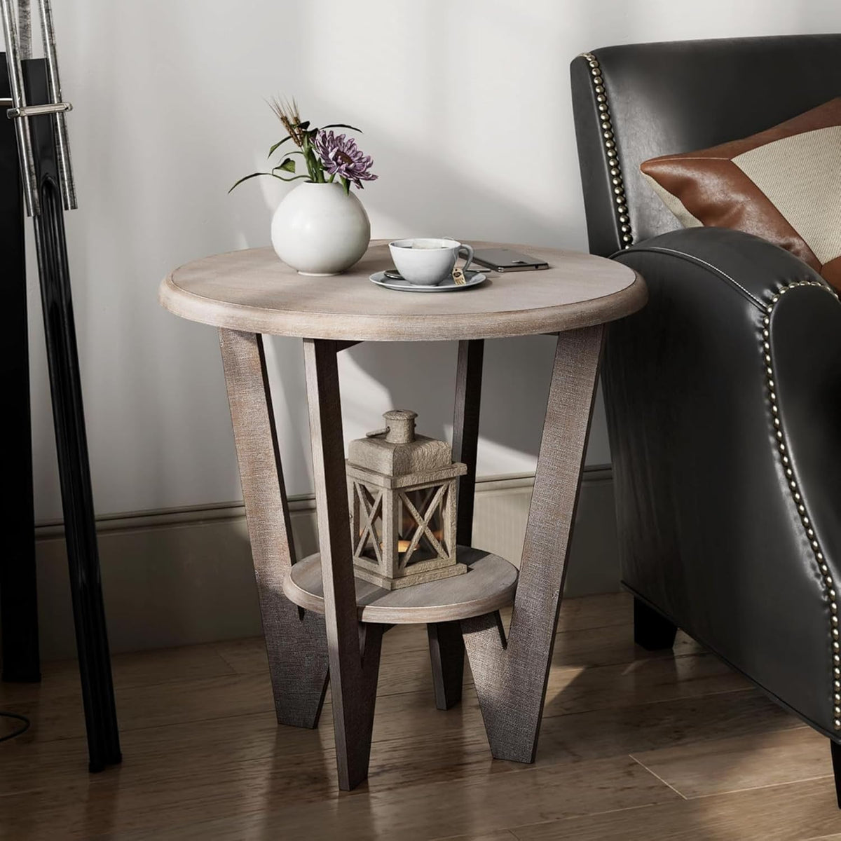 Rustic Farmhouse end Table with Storage Shelf, French Country Accent Side Table for Family, Dinning or Living Room, Small Spaces, Modern, Round, Vintage Grey Finish