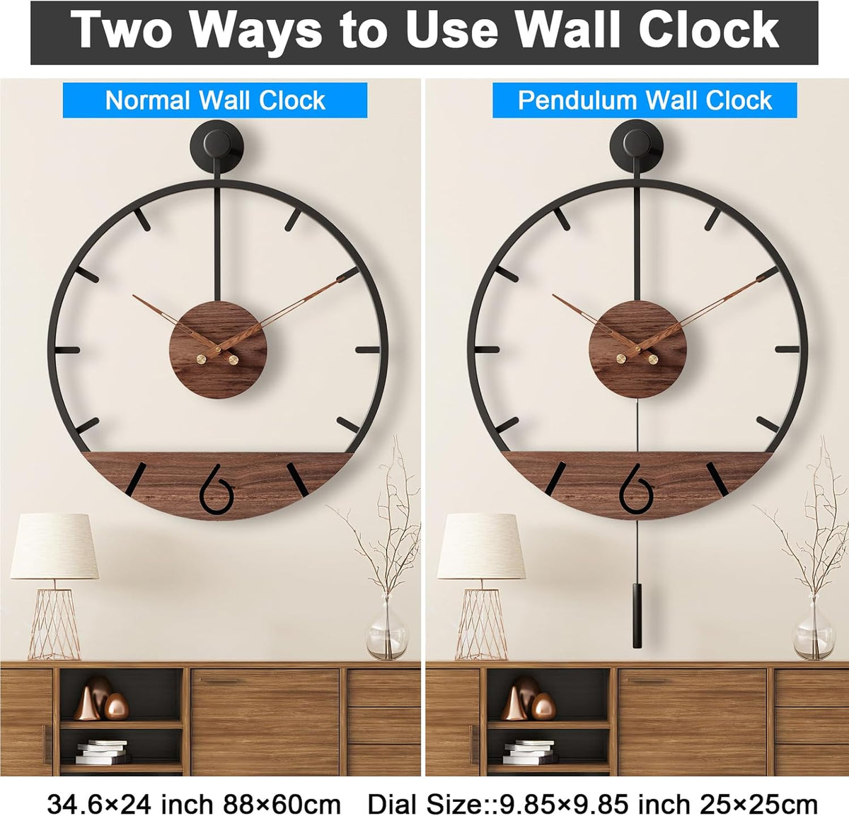 30.7×20 Inch Large Modern Decorative Pendulum Wall Clock,Big Metal Farmhouse Oversized Silent Wall Clocks Minimalist Elegant Walnut Dial Pointers for Living Room,Office,Dining Room Decor