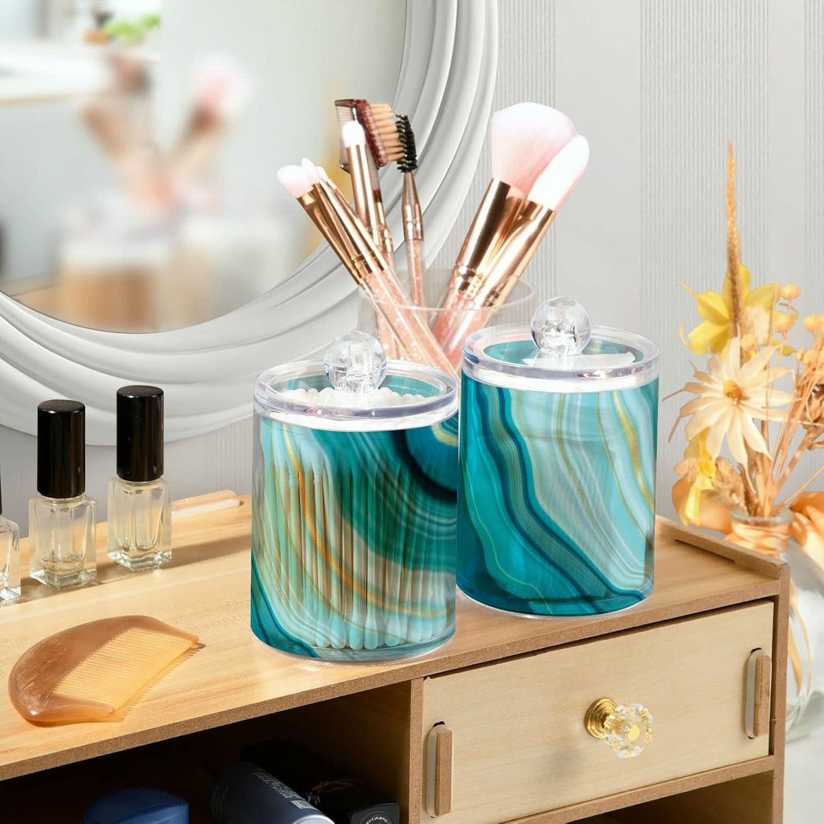 2 Pack Qtip Holder Dispenser Teal Turquoise Blue Marble Bathroom Storage Canister Lid Acrylic Plastic Apothecary Jar Set Vanity Makeup Organizer for Cotton Swab/Ball/Round Pads, Floss