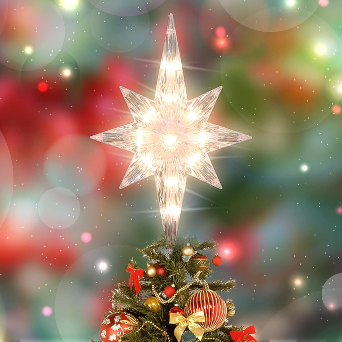 Lighted Christmas Tree Topper, Bethlehem Star Treetop with 41LED Warm White Fairy Lights, Holiday Christmas Tree Decorations