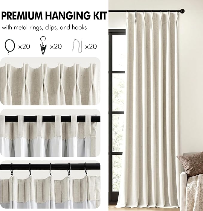 MIULEE Natural Pinch Pleated 100% Blackout Linen Curtains 40x98 Inches | Room - Image 8