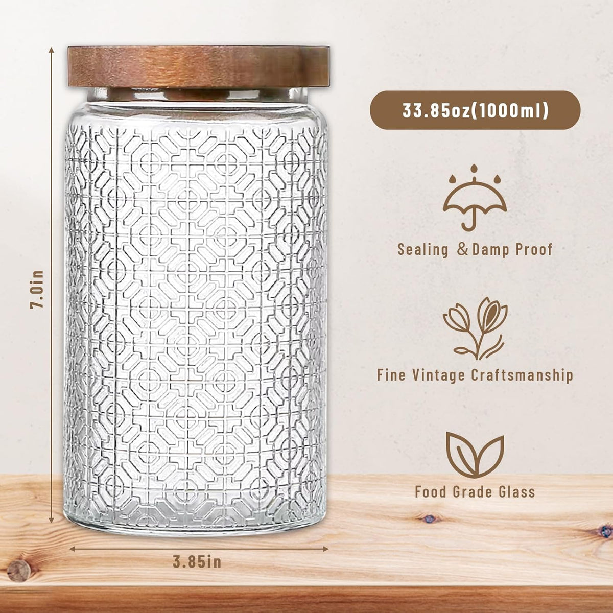 Vintage Glass Jars with Wooden Lids, 34 oz Airtight Glass Food Storage Containers Sets for the Kitchen, Sugar Candy Coffee Cookie Tea Spice Pasta