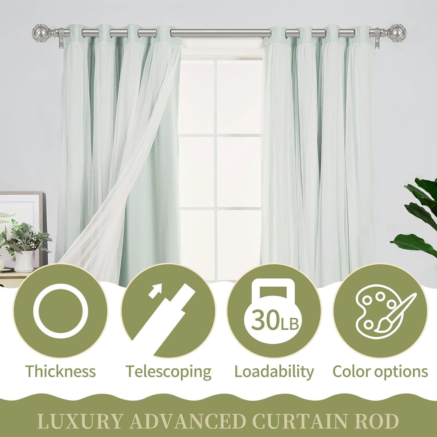 Silver Adjustable Curtain Rods for Windows:36-88 Inch Farmhouse Heavy Duty Curtain Rod for Bedroom Living Room,Boho Decorative Rustic Drapery Rods with Vintage Coastal Finial,Antique Silver