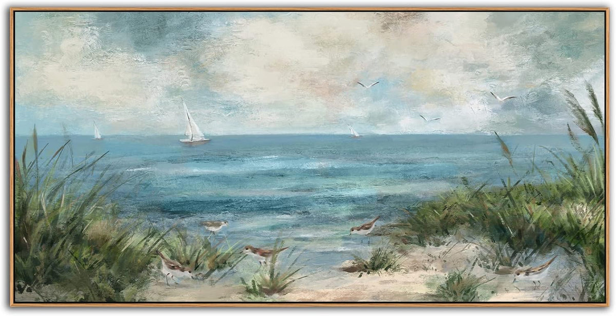 Sea Beach Vintage Seascape Canvas Prints Wall Decor Ocean Sailboat Seagull Beach Bird Reed Canvas Painting Artwork Living Room Bedroom Decoration Natural Framed