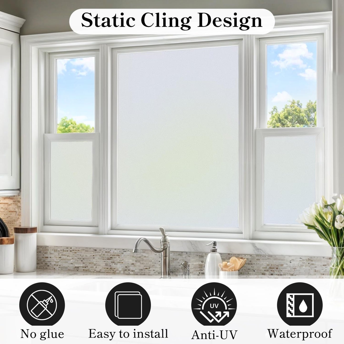 DUOFIRE Privacy Window Film Frosted Glass Film Matte White Static Cling Glass Film No Glue Anti-UV Window Sticker Non Adhesive for Privacy Office Meeting Room Bathroom Living Room DS001W 35.4x118in