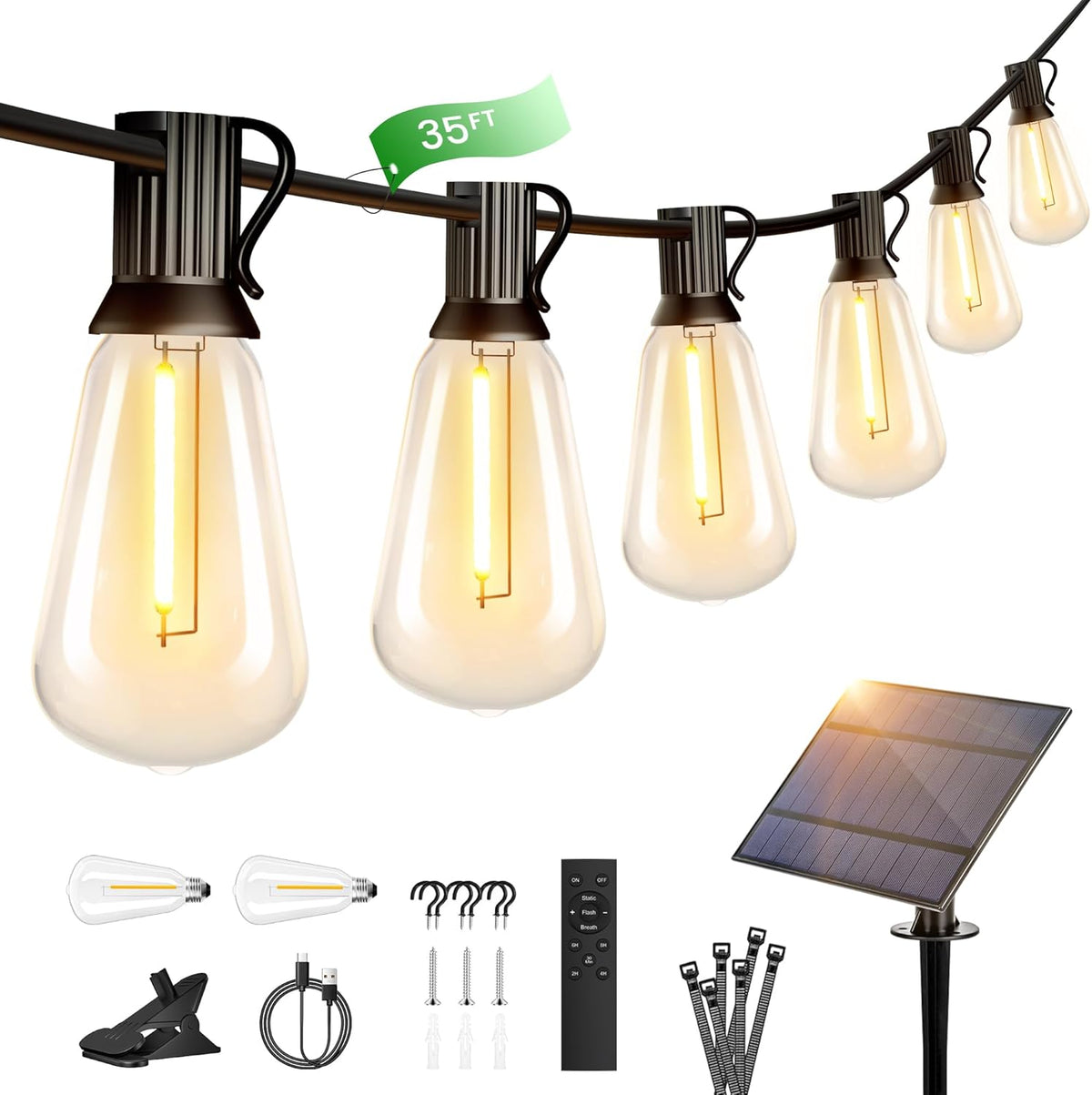 OHLUX 35FT Solar Globe String Lights Outdoor, Waterproof Solar Patio Lights with Remote, 17 Shatterproof ST38 LED Filament Bulbs, 2200K Soft White, Dimmable Edison Hanging Lights for Gazebo, Deck
