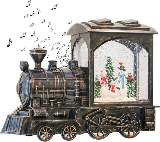 GenSwin Lighted Christmas Snow Globe Lantern, Battery Operated Snowman Musical Train LED Water Glittering with 6H Timer, Christmas Home Decoration Gift(Copper)