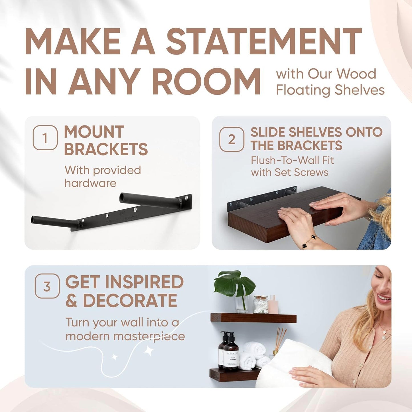 Homeforia Walnut 18 inch Floating Shelf, High End Solid Real Wood 18inch Floating Shelves for Wall Mounted, Dark Brown 18 inches Long Floating Shelves, Heavy Duty Bracket, 18 X 6.5 X 1.75 in, Set of 3