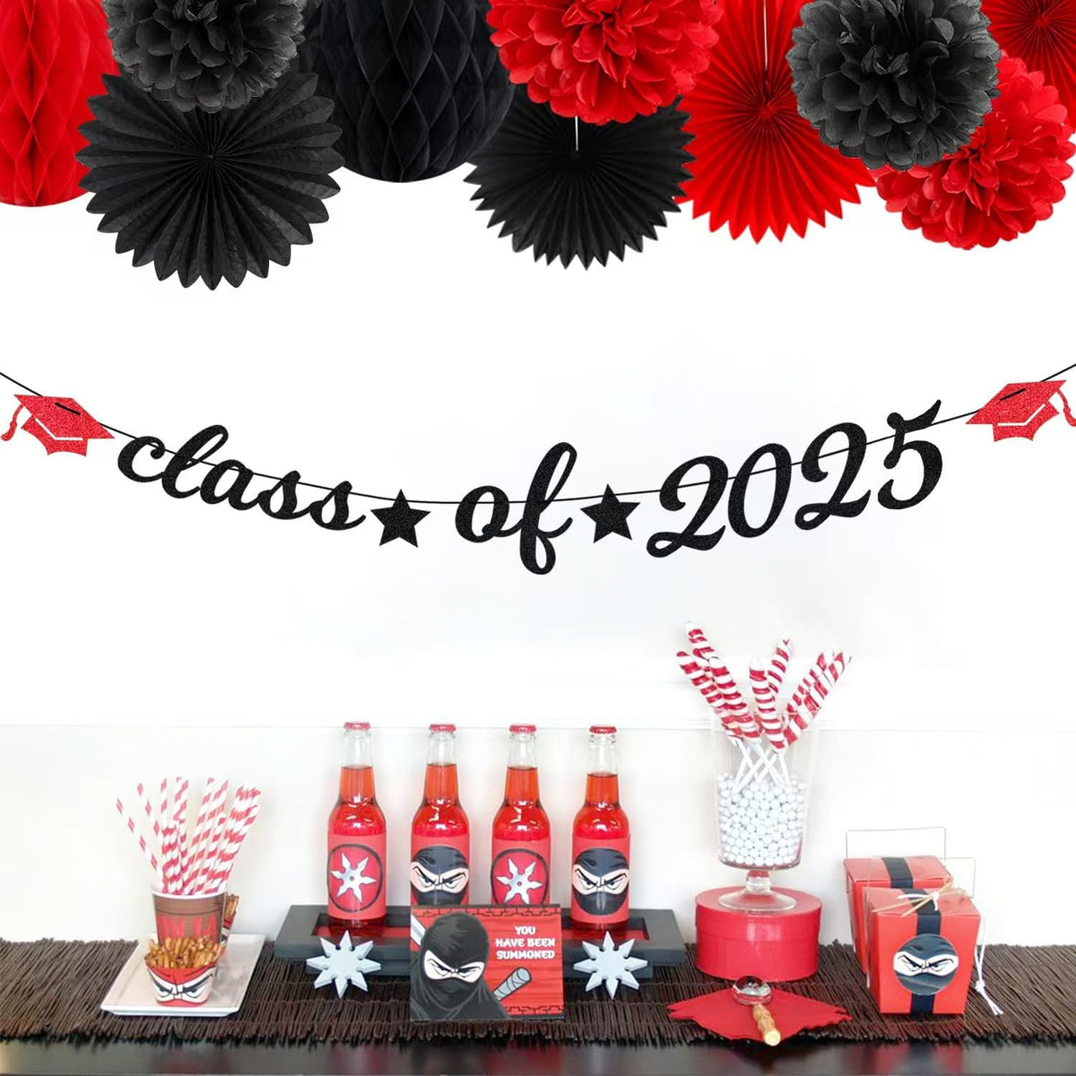 Red Black Party-Decoration Graduation Banner - 14pcs Kits Cap Garland Streamers, Paper Tissue Pom Poms Flowers Fans Honeycomb,Class Of 2025 College High School Grad Decor Hugfond