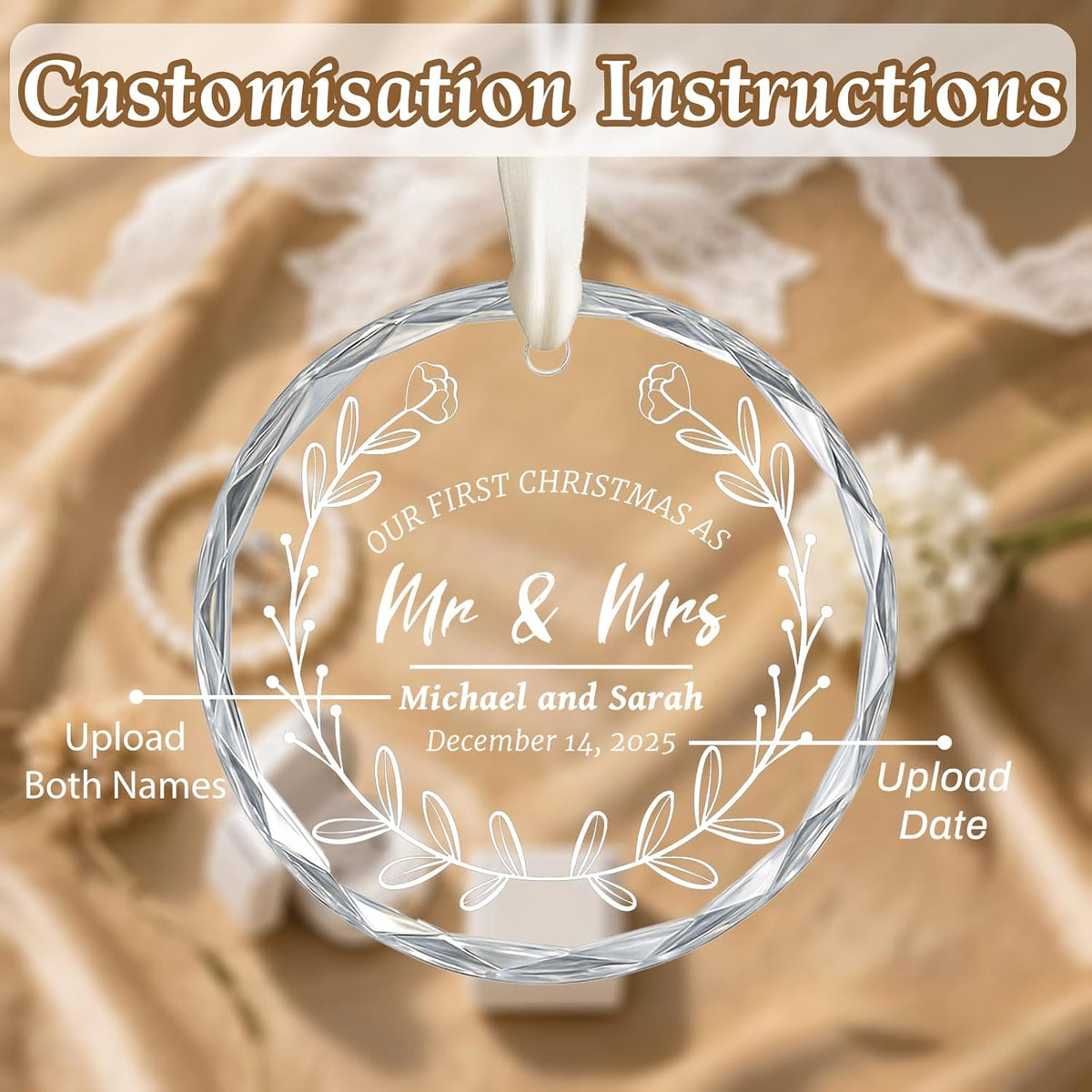 First Christmas Married Ornament 2025, Custom Wedding Crystal Glass Ornament with Photo, Name or Date, Personalized Wedding or Bridal Shower Gifts for Newlyweds