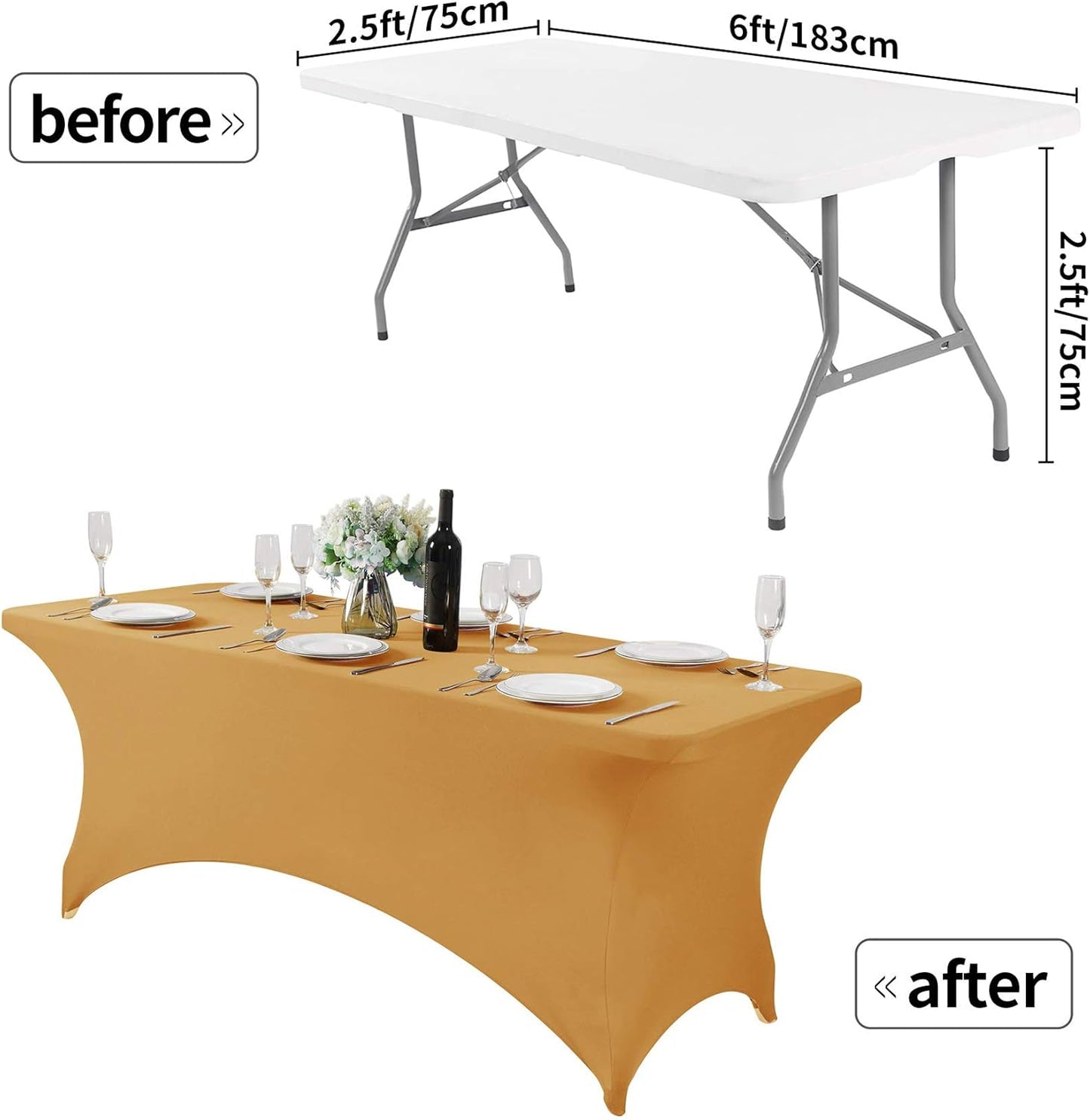 2Pack Spandex Table Cover for 6Ft or 4fT or 8ft Table Universal Fitted Stretch Tablecloth for Party, Banquet, Wedding and Events-Gold