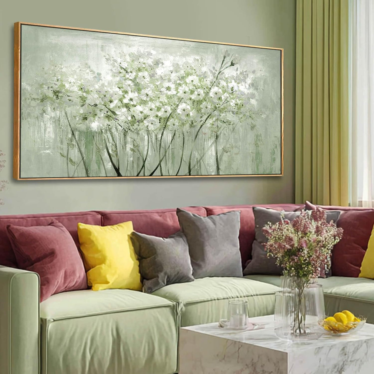 Framed Floral Wall Art Green botanical Canvas 24"x48" Artwork plant print Nature Wall Decor for Home Living Room Bedroom Kitchen Office