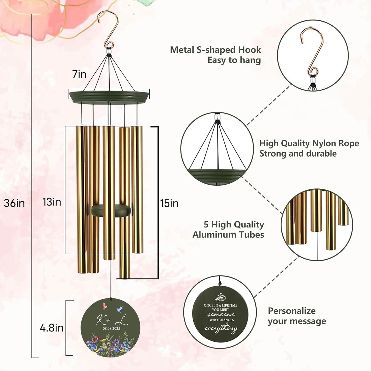 2025 Wedding Wind Chimes for Couple, Deep Tone Personalized Wind Chime, Wedding Gifts for Couples, Customized Windchime for Husband/Wife