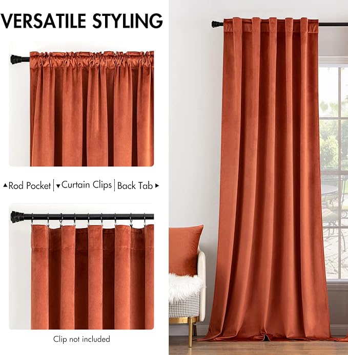 MIULEE Velvet Blackout Curtains 52x108 inches 2 Panels Burnt Orange | Luxury - Image 2