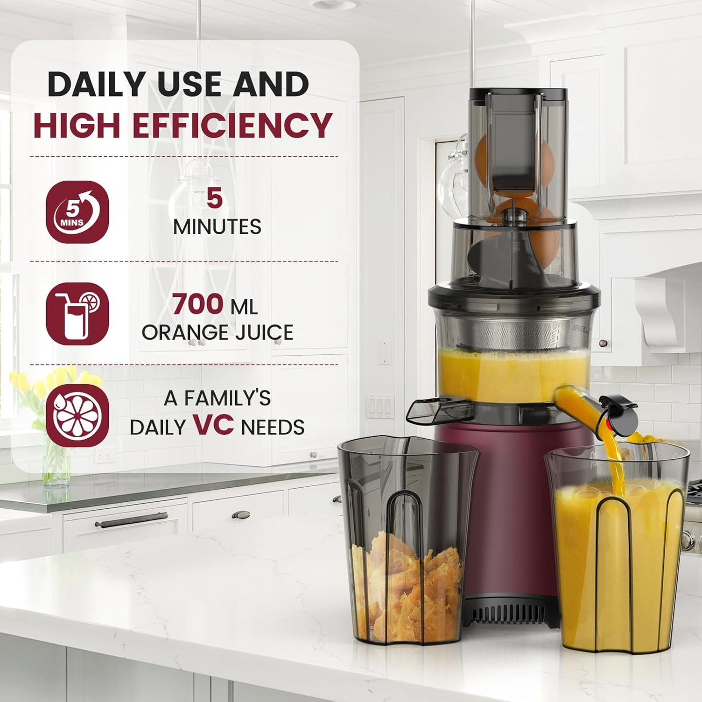 Masticating Cold Press Juicer Machines: 200W Pure Slow Juicer With Quiet Motor For Vegetable And Fruit Easy To Clean, Red