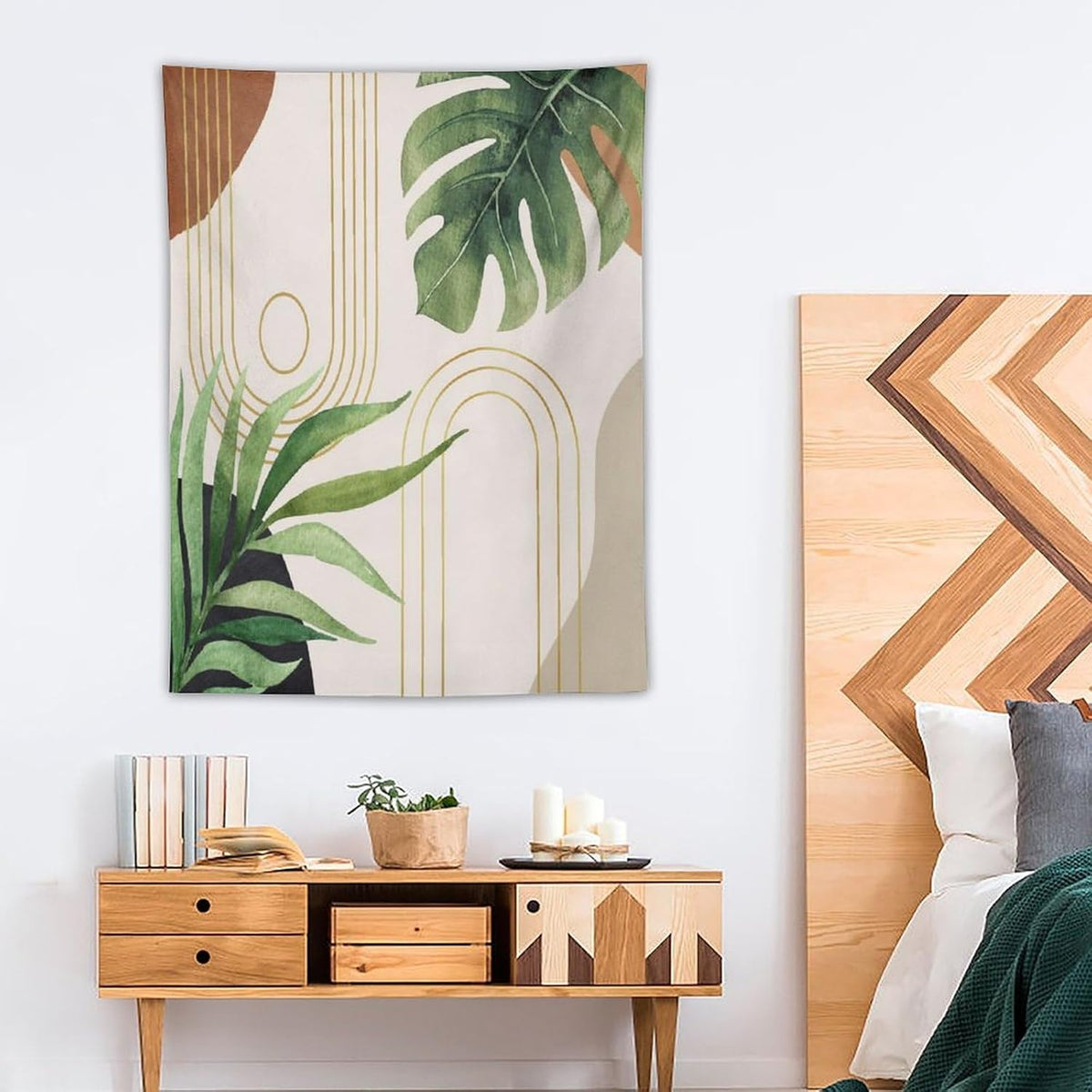 Abstract Boho Tapestry, Mid Century Tropical Tree Leaves Modern Geometric Arch Bohemian Botanical Tapestry, Home Aesthetic Wall Hanging Art Decor for Living Room Bedroom Dormitory 30x40 Inch