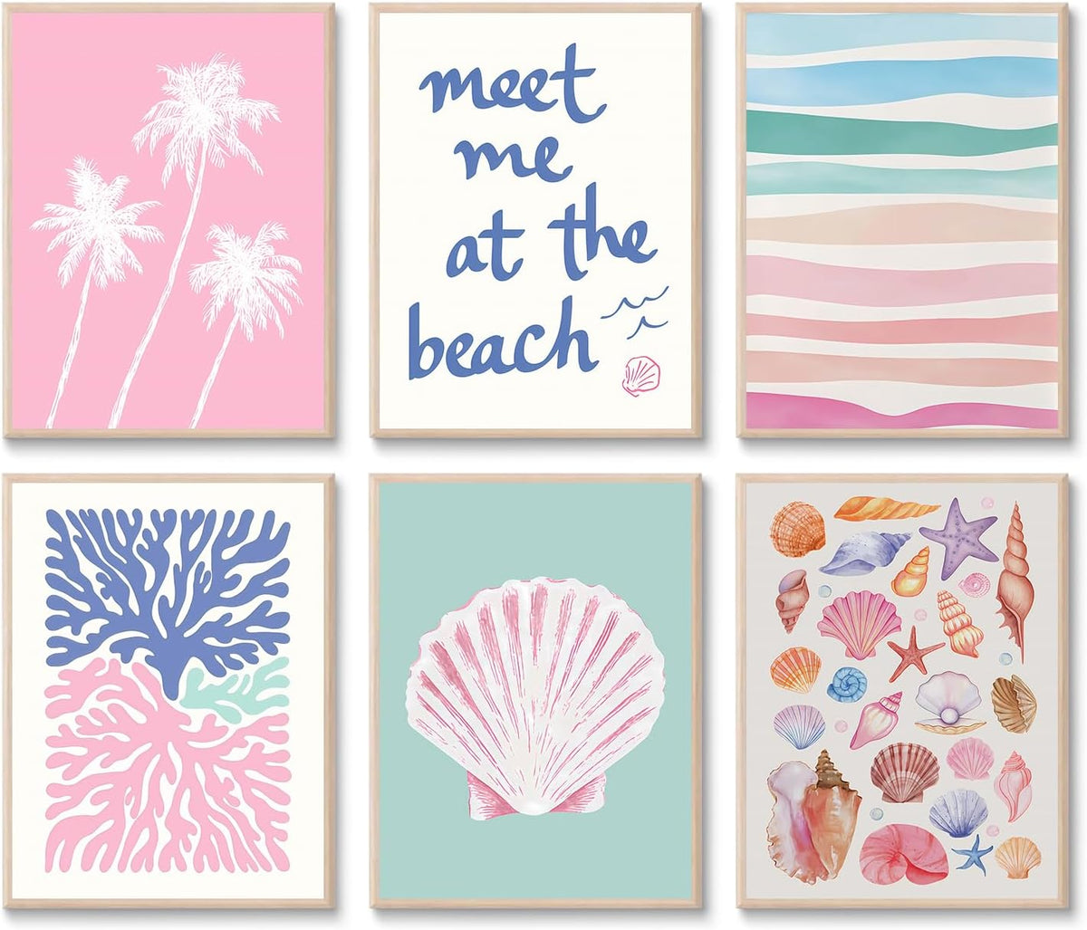 6 Pcs Coastal Beachy Wall Art Tropical Summer Shell Ocean Paintings Prints Posters Trendy Pink Preppy Palm Tree Canvas Wall Decor Aesthetic for Bedroom Living Room Dorm Apartment 8x10inch Unframed