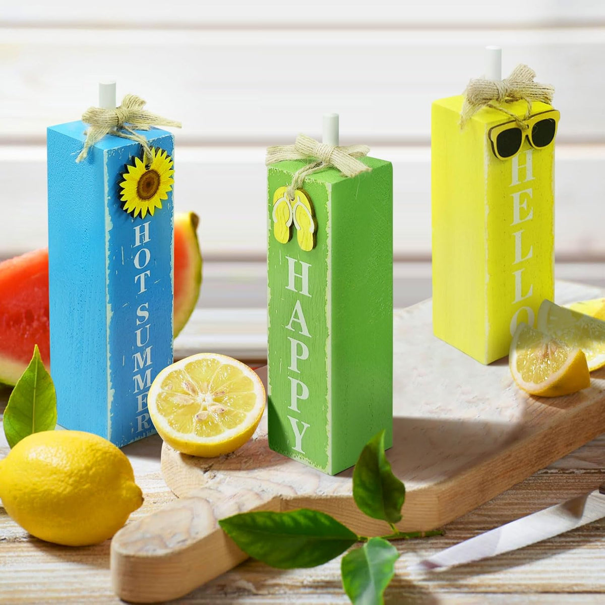 3 PCs Wooden Tiered Tray Decor Hello Happy Hot Summer Rustic Table Decor Block Signs for Beach Island Home Office Decorations (Summer-1)