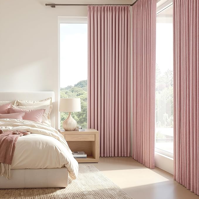 MIULEE Pink Pinch Pleated 100% Blackout Linen Curtains 40x108 Inches | Room - Image 2