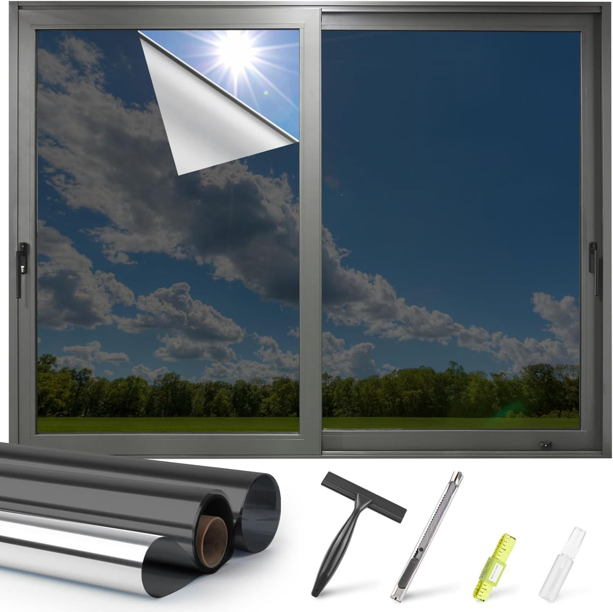 Kromapolis One Way Window Privacy Film Reflective Mirror Home Window Tint, Daytime Privacy Heat Control Anti UV Glass Tinting Static Cling (Black-Silver, 17.5 x 78.7 inch)