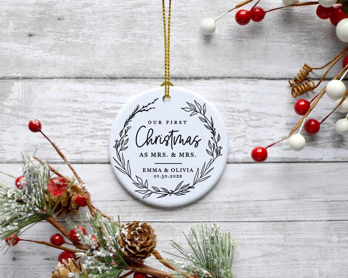 Andaz Press Personalized Our First Christmas As Mrs. & Mrs. 2025 Christmas Ornaments Modern Farmhouse Wreath 2.8" Round Porcelain Ceramic Lesbian Married Couple Gay Women Newlyweds Keepsake 1-Pack