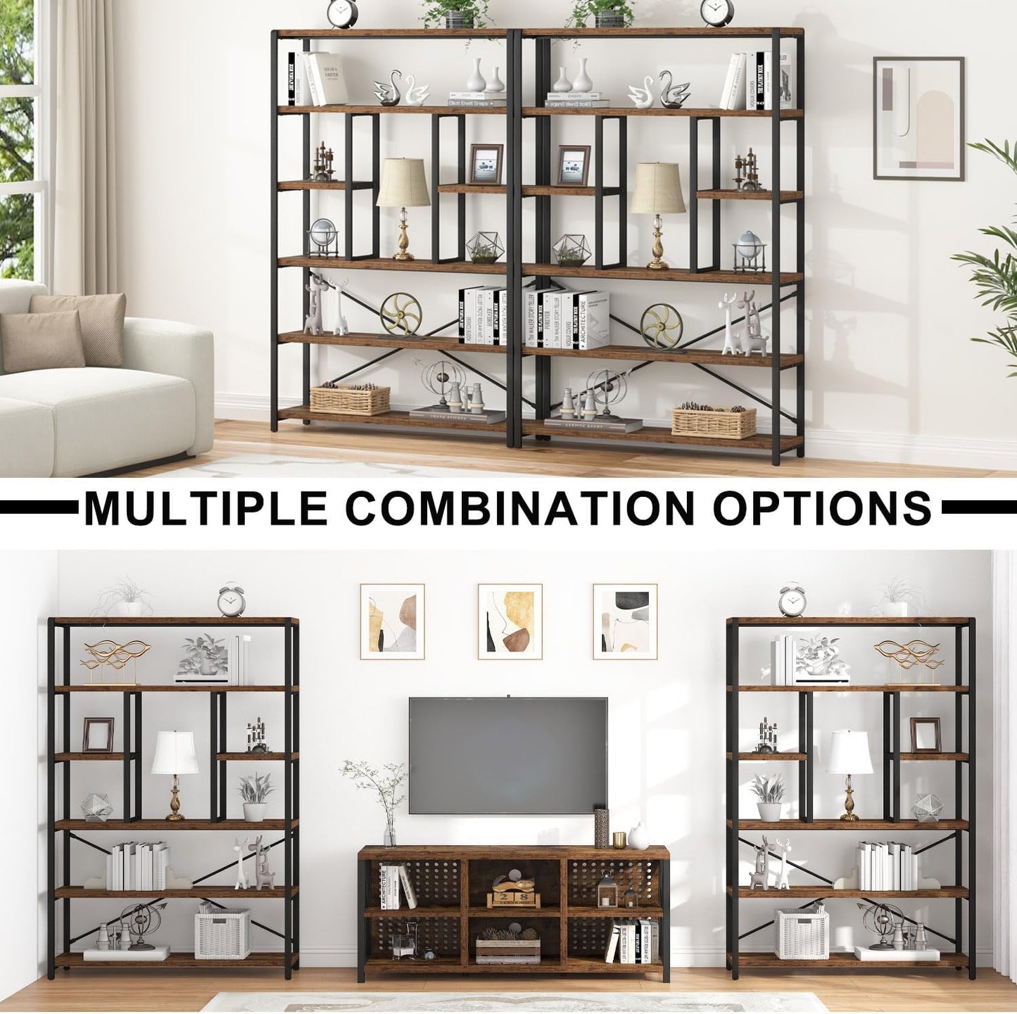 LVB Rustic Bookcases and Book Shelves, Metal Wood 6 Tier Bookshelf and Book Rack Storage, Industrial Vertical Display Etagere Book Case 6 Shelf, Vintage Large Book Shelf for Bedroom Living Room, Brown