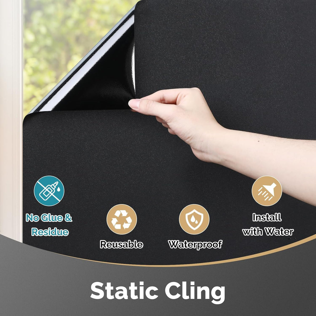DOWELL Blackout Window Film, 100% Light Sun Blocking Static Cling Frosted Privacy Film for Glass, Heat Control Removable Window Tint, Room Darkening Cover for Day Sleep, Black, 35.4" x 157.5"
